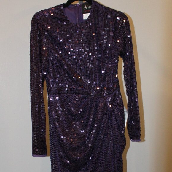 NEW MAC DUGGAL SEQUINED HIGH NECK LONG SLEEVED DRAPE GOWN PURPLE SZ 8 10824 - Picture 4 of 10